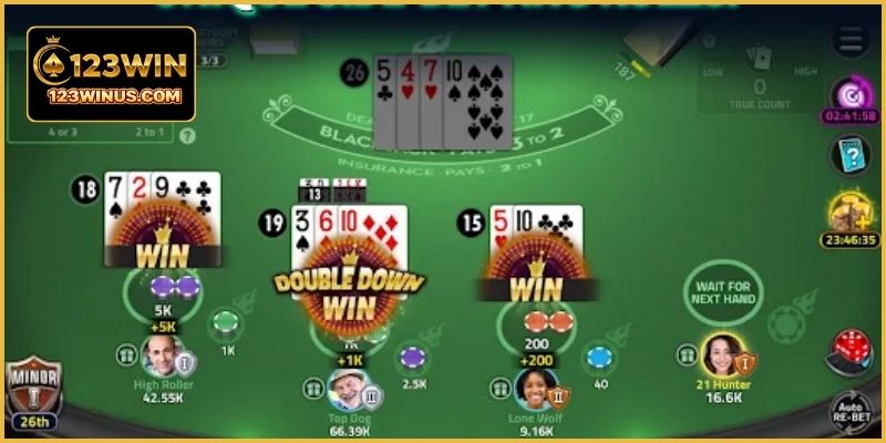 Blackjack Vip 123WIN - Bàn Cược Cao Cấp Thưởng Hấp Dẫn Người chơi có thể rút bài dừng bài nhân đôi khi chơi